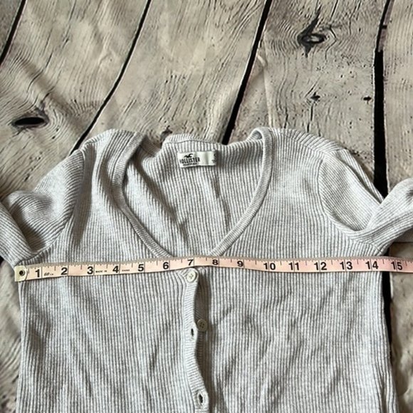 ribbed button down crop stretchy long sleeved top crew grey small - Picture 4 of 7
